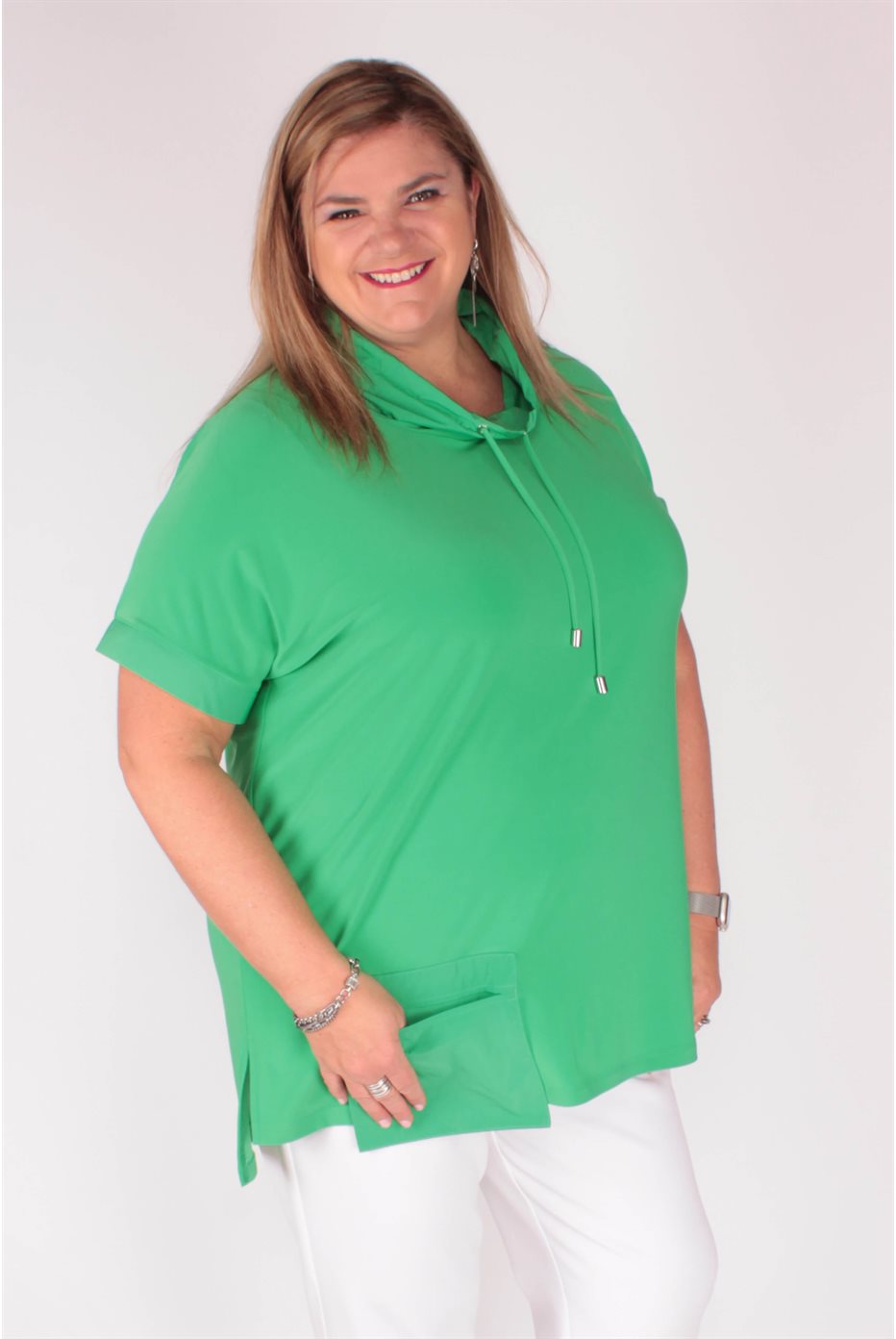 Green Stand Collar Two-Tone Top